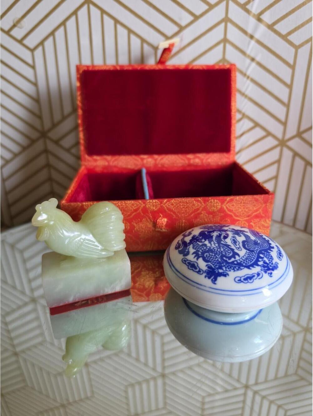 Vintage Chinese Rooster Stamp Set w/ Carved Stone Chop & Ink Silk Brocade Box